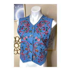 Vintage 90s Blue Denim Embroidered Feminine Bows & Roses Fitted Cropped Vest Top
